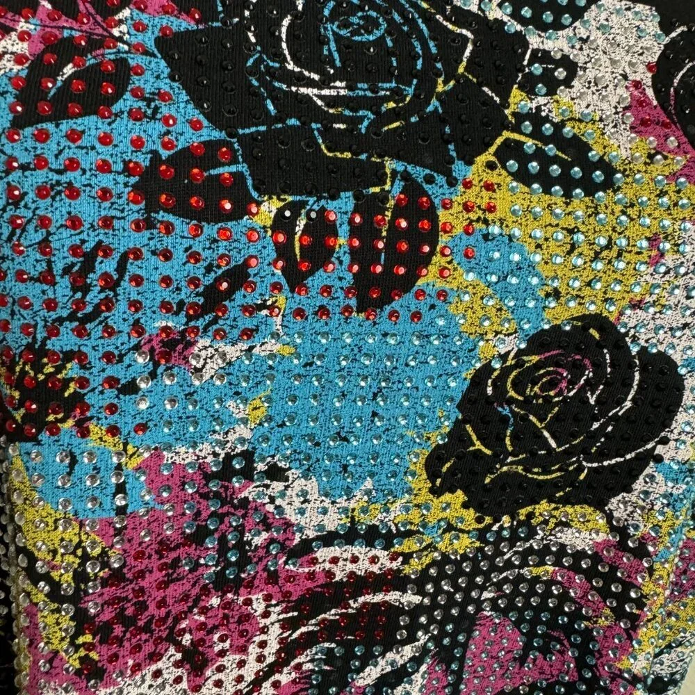 Guess Unisex Black Tee - shirt Floral Roses Rhinestones Size XL - Picture 2 of 7